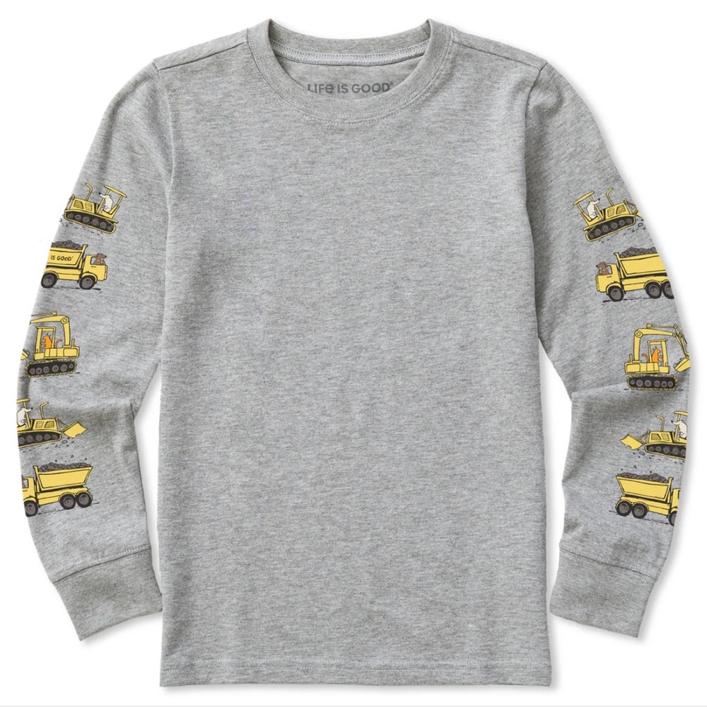 Life Is Good Kids Gray Long Sleeve Tee with Yellow Construction Design